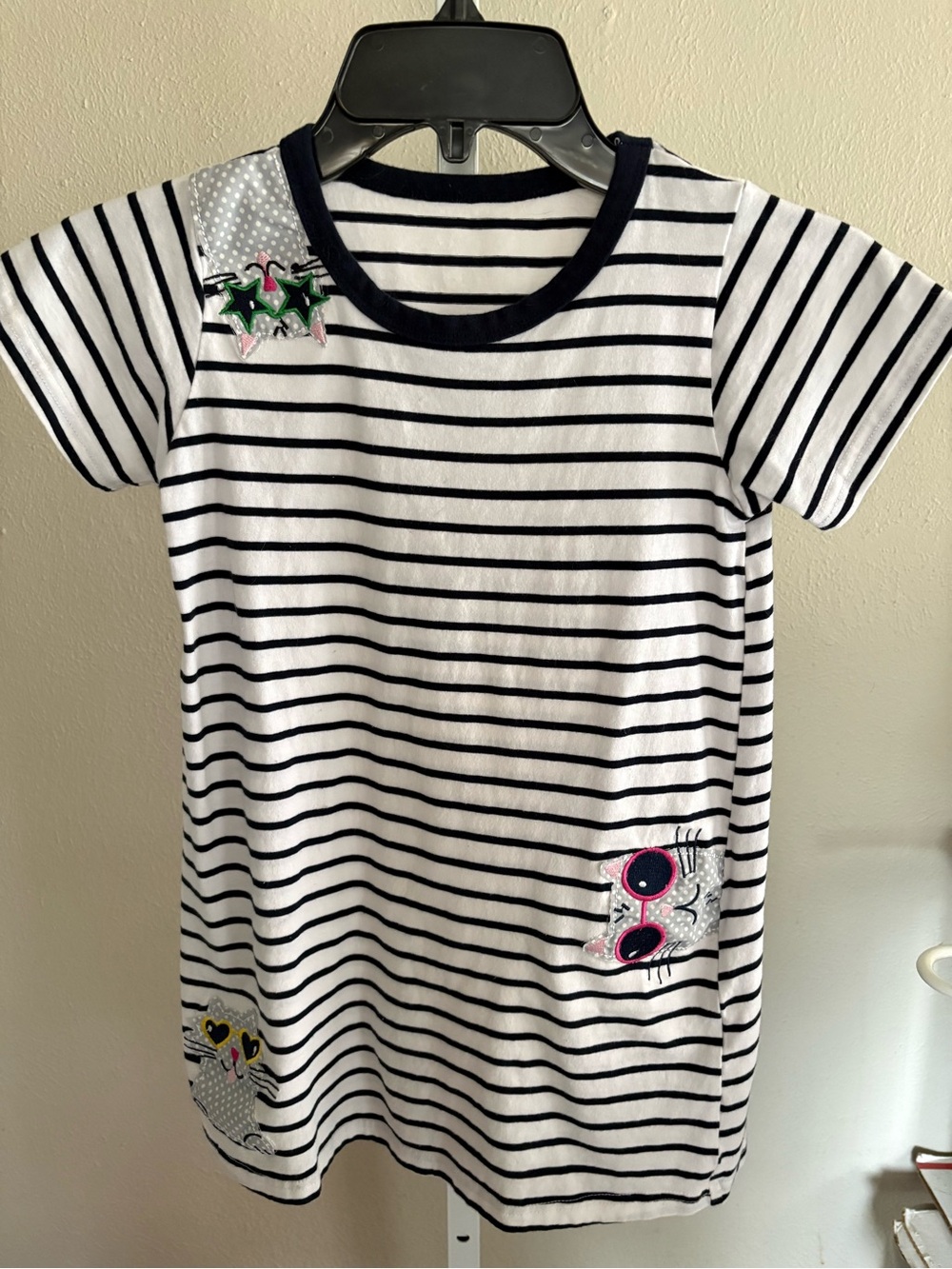 Girls' Black & White Striped Dress with Fun Patches Size 6 Years